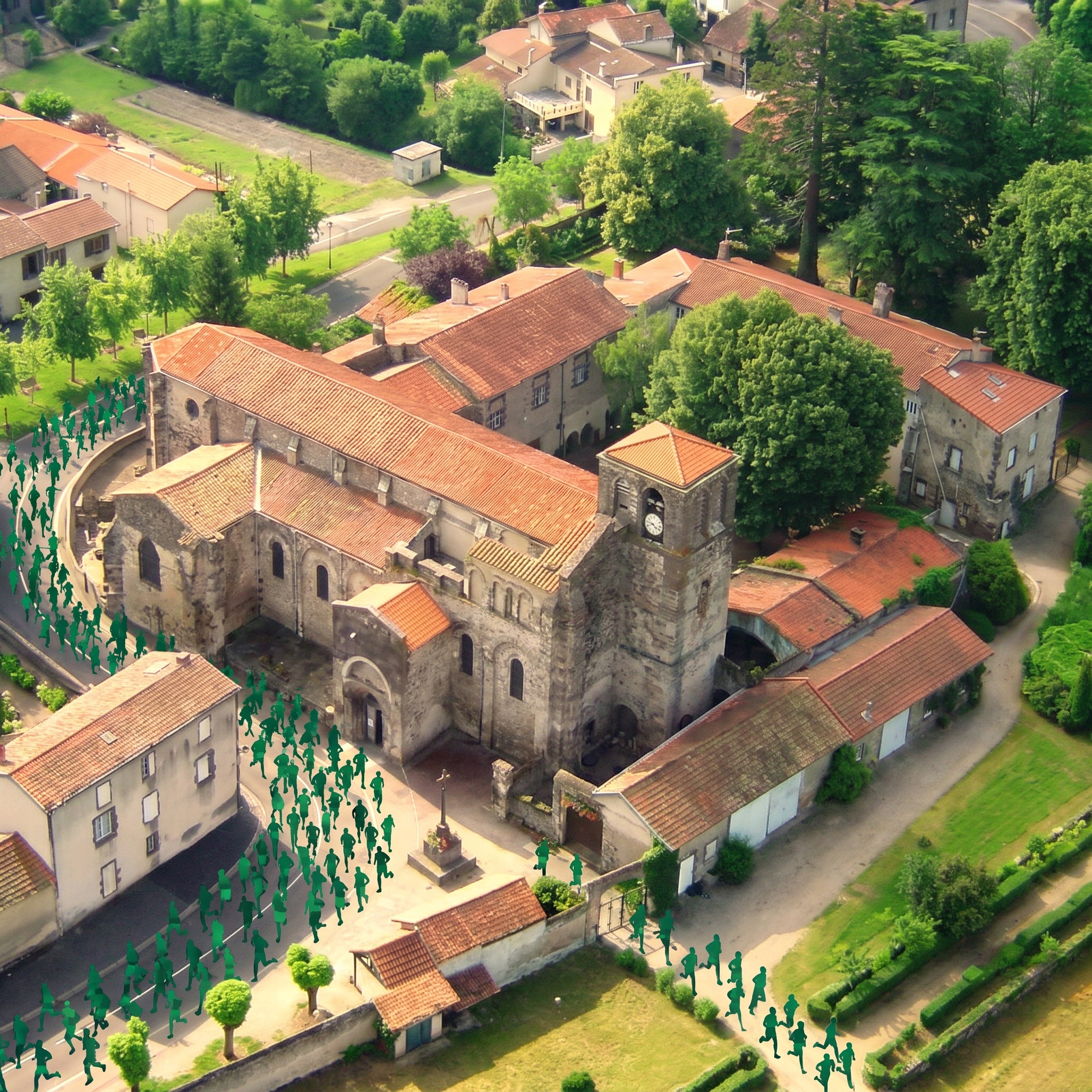 Vue aérienne de l'Abbaye de Mozac, étape du Run Patrimoine